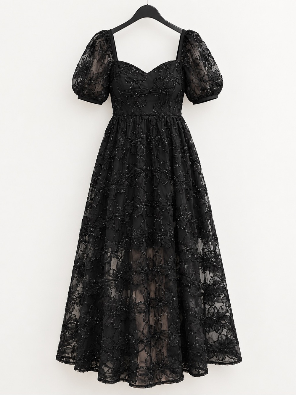 Black Puff-Sleeve Embroidered Midi Dress